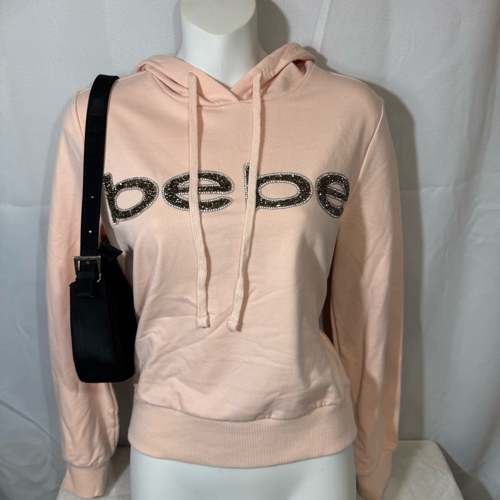 Bebe Pink Rhinestone Logo Hoodie‎ Y2K Baby Tee Fit Slim S